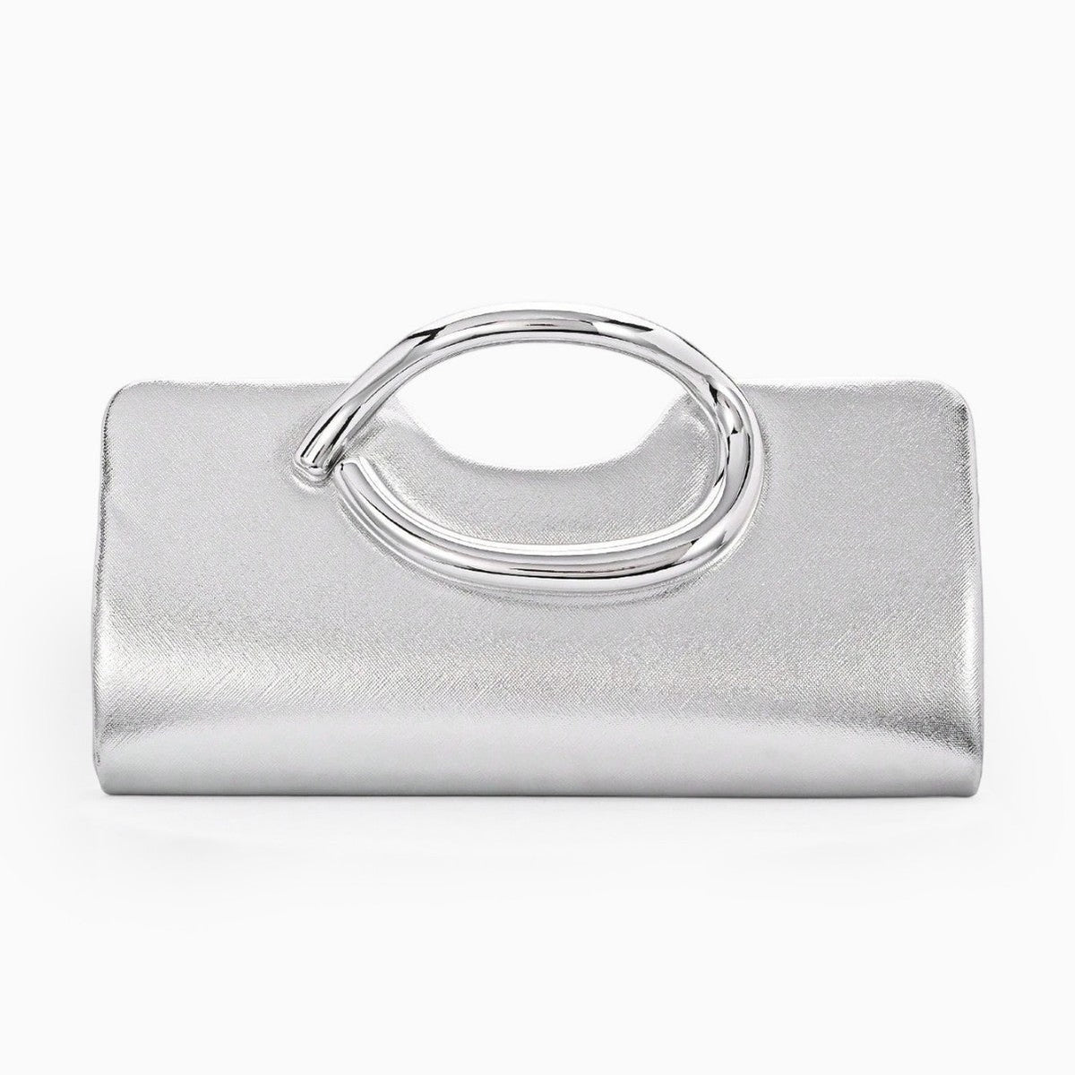 Structured Metallic Evening Clutch with Sculptural Polished Metal Handle
