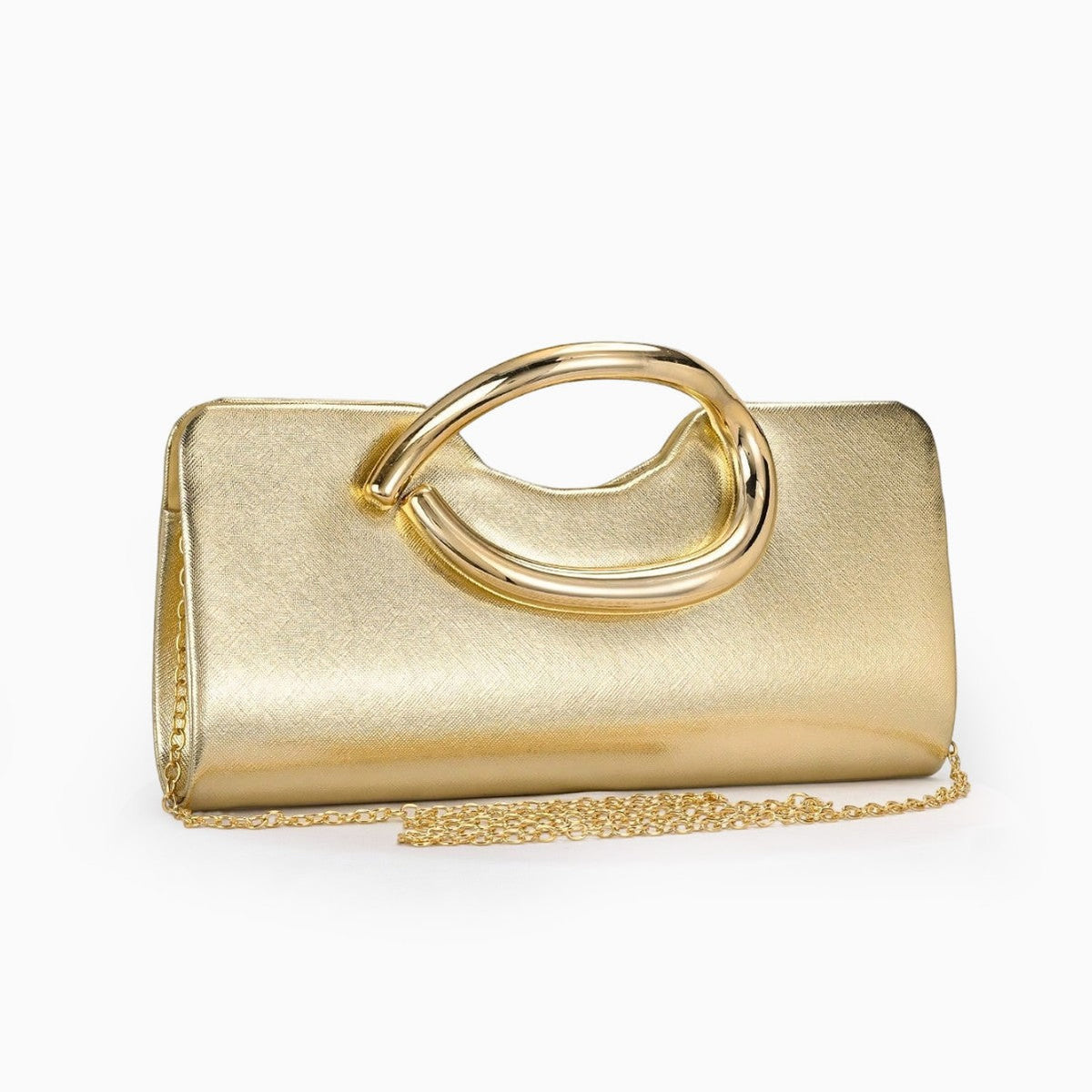 Structured Metallic Evening Clutch with Sculptural Polished Metal Handle