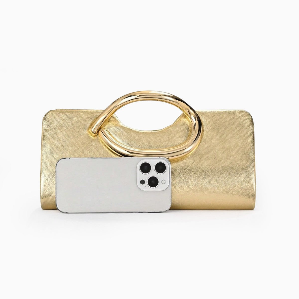Structured Metallic Evening Clutch with Sculptural Polished Metal Handle