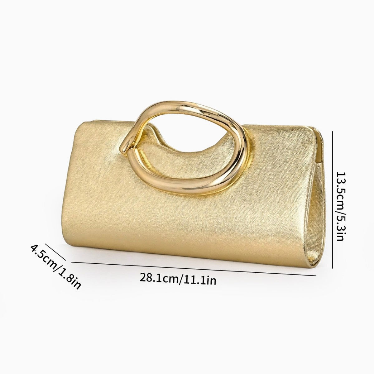 Structured Metallic Evening Clutch with Sculptural Polished Metal Handle