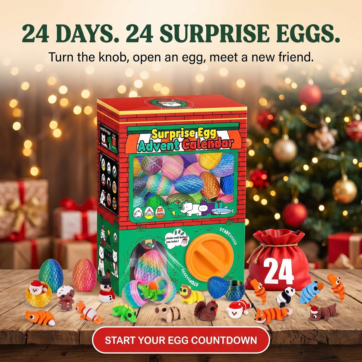 Surprise Egg Advent Calendar, 24 Eggs with 3D Printed Flexi Figures