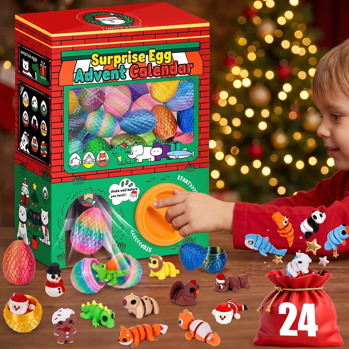 Surprise Egg Advent Calendar, 24 Eggs with 3D Printed Flexi Figures