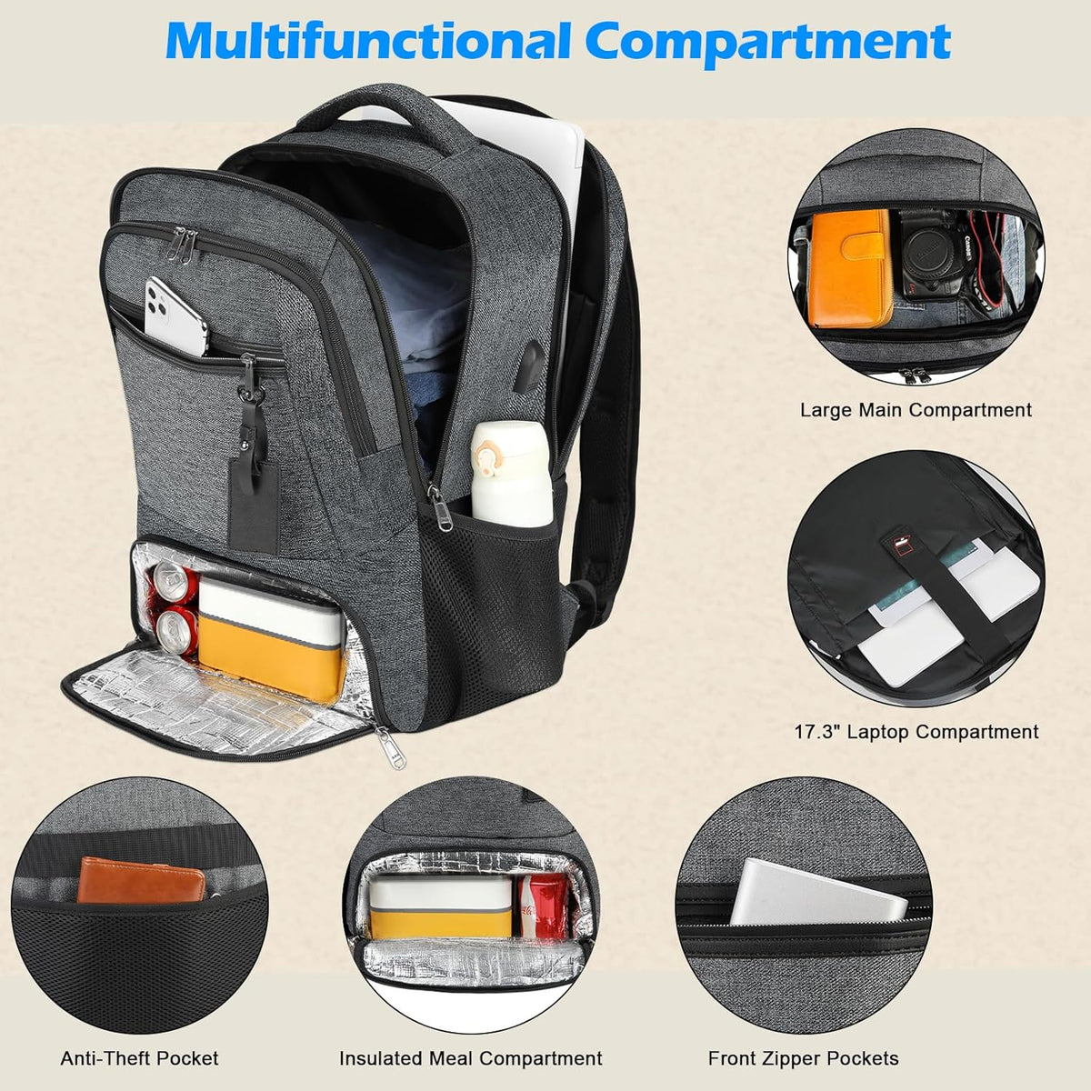 Unisex Water-Resistant Laptop Backpack with Insulated Lunch Pocket
