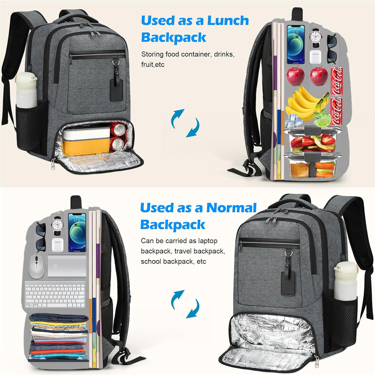 Unisex Water-Resistant Laptop Backpack with Insulated Lunch Pocket
