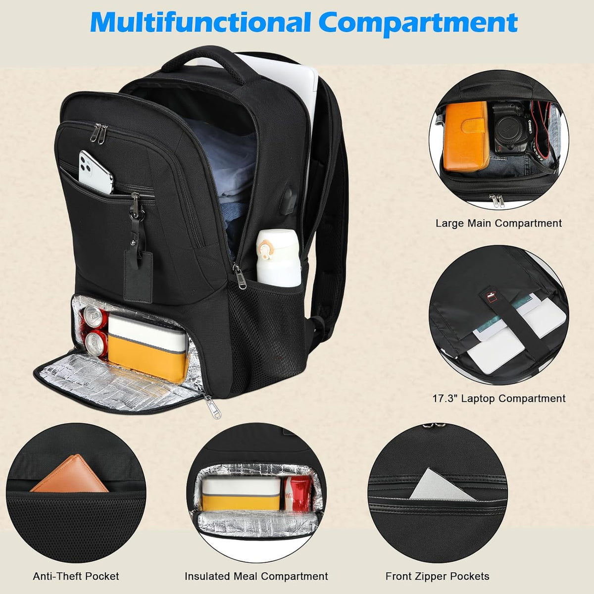 Unisex Water-Resistant Laptop Backpack with Insulated Lunch Pocket