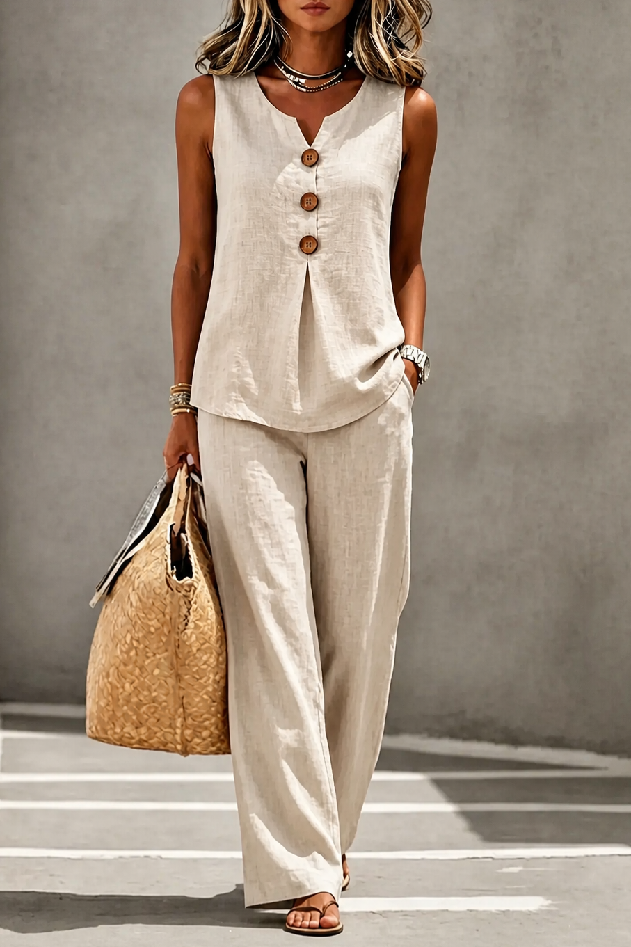 V-Neck Button-Up Vest and Wide-Leg Pants Set