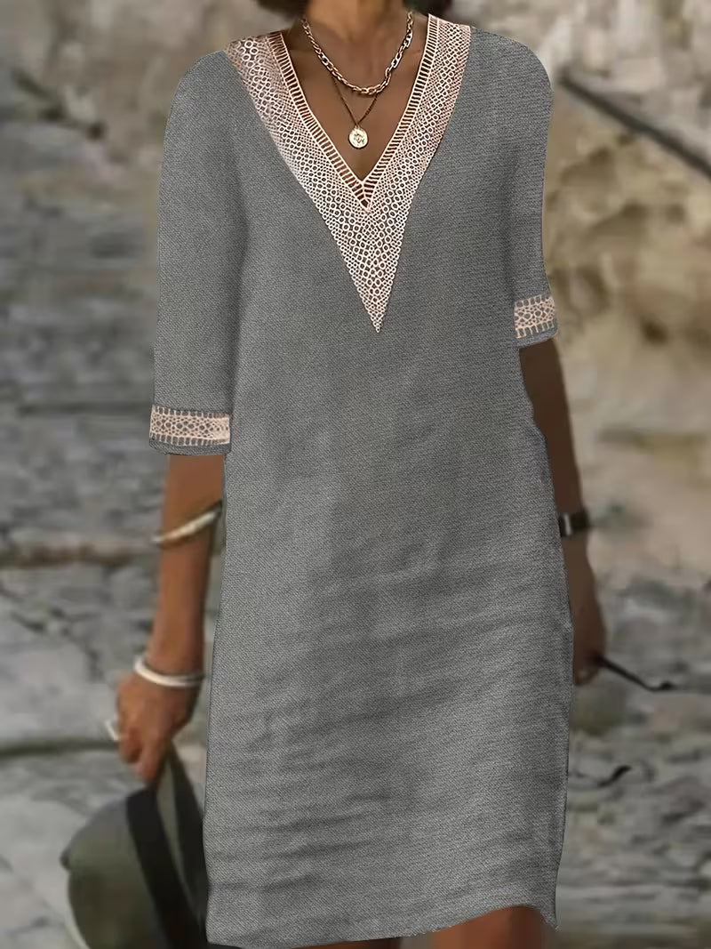 V-Neck Mid-Sleeve Dress