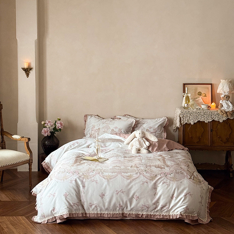 Vintage-Inspired Cotton Sateen Bedding Set with Romantic Carousel and Villa Print