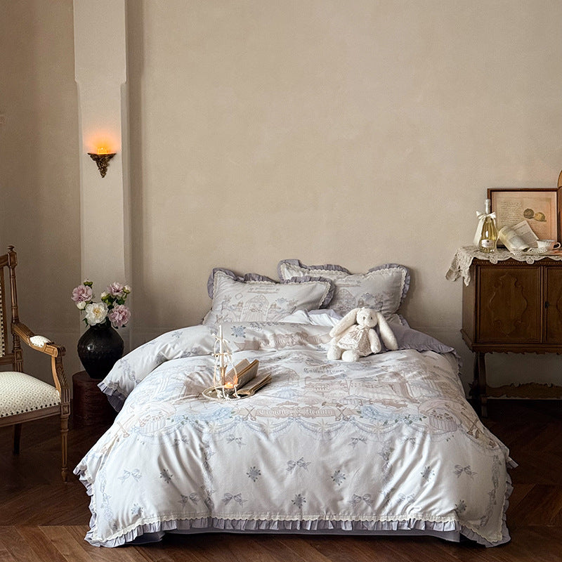 Vintage-Inspired Cotton Sateen Bedding Set with Romantic Carousel and Villa Print