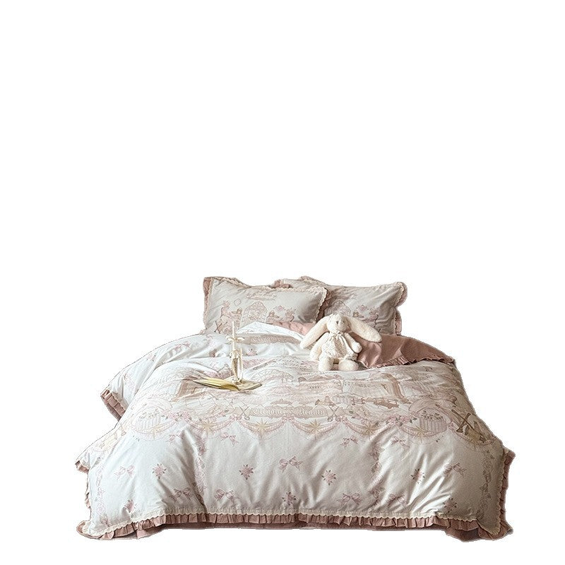 Vintage-Inspired Cotton Sateen Bedding Set with Romantic Carousel and Villa Print
