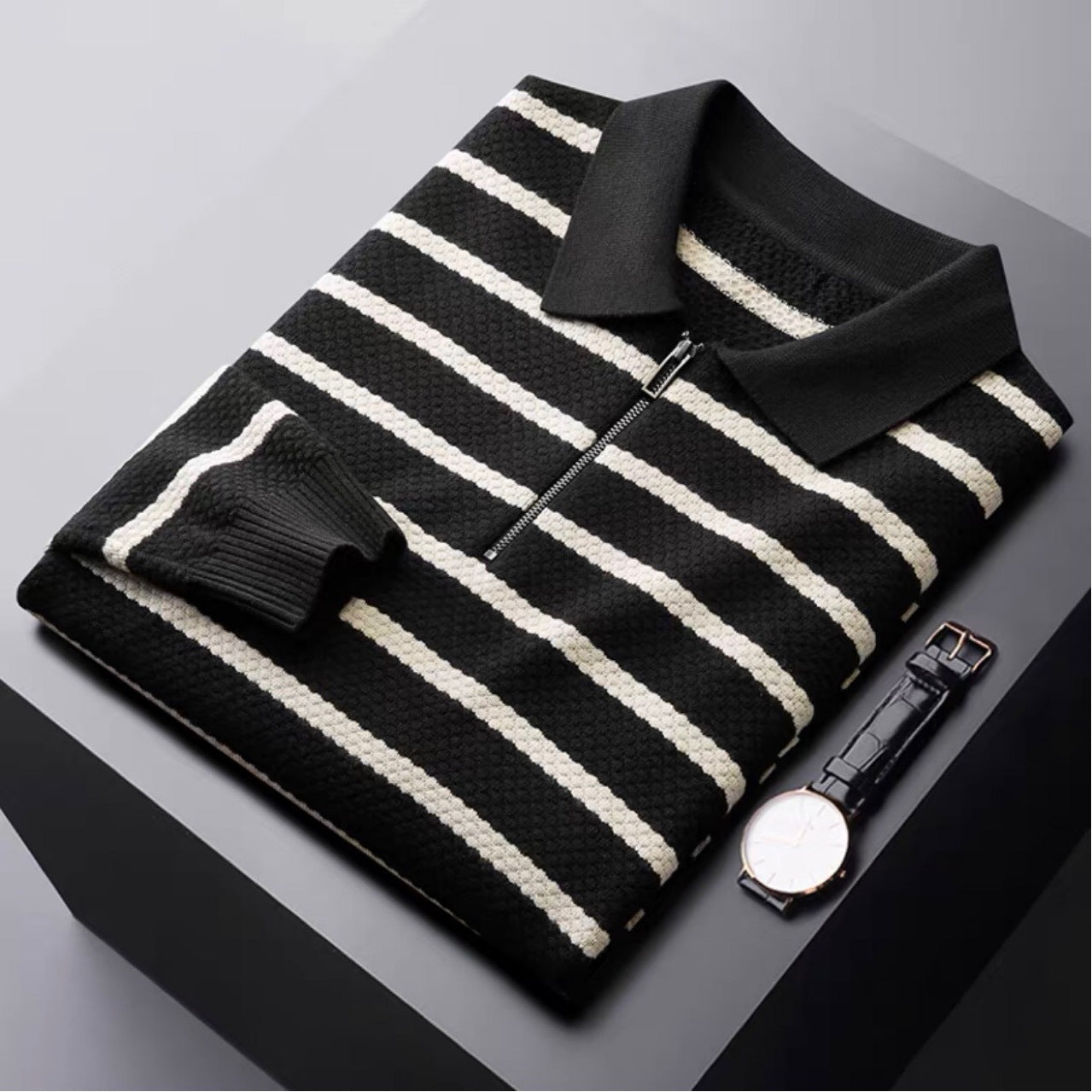 Image of Wes | Men's Zipper Striped Polo Shirt