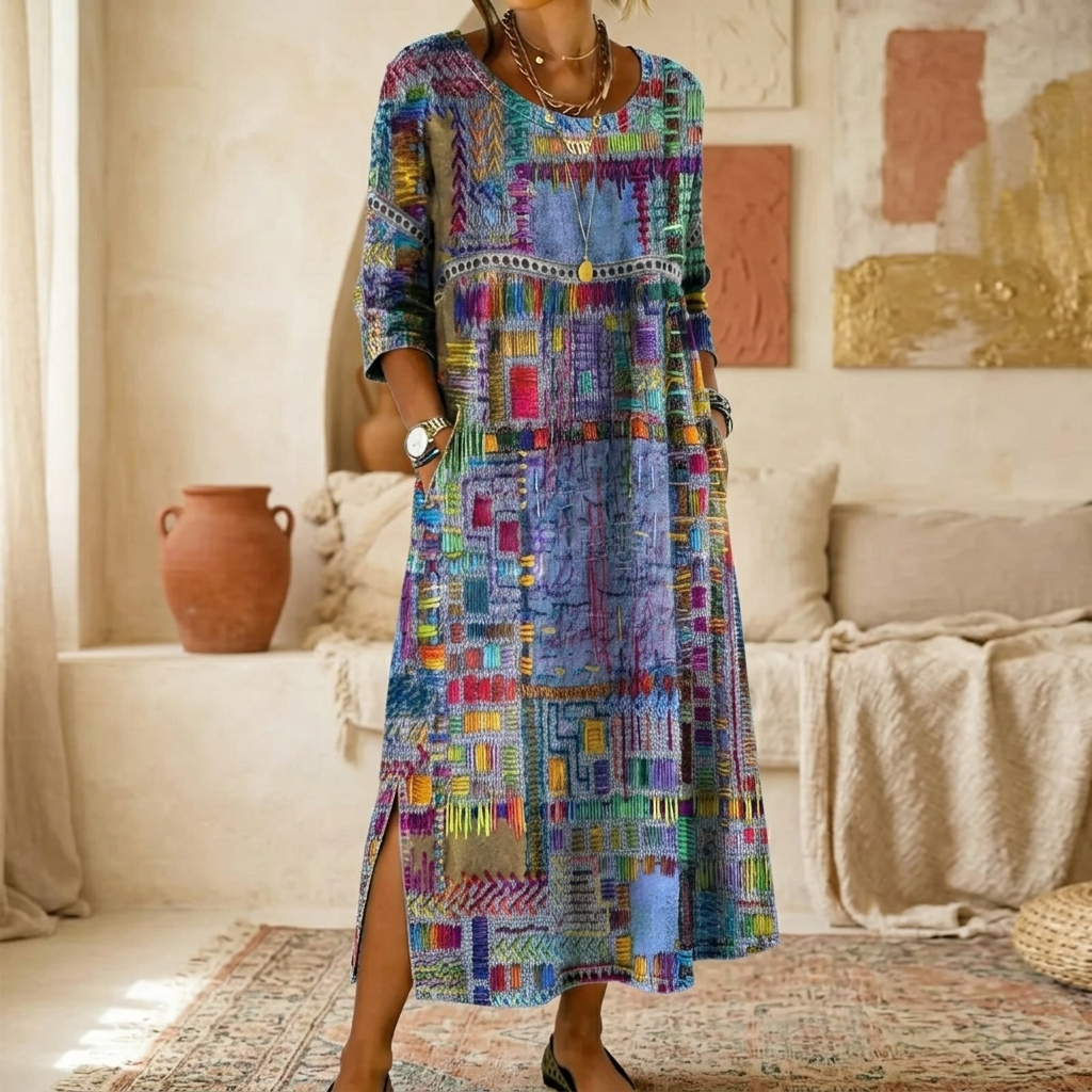 Women's Artisan Print Midi Dress with Pockets