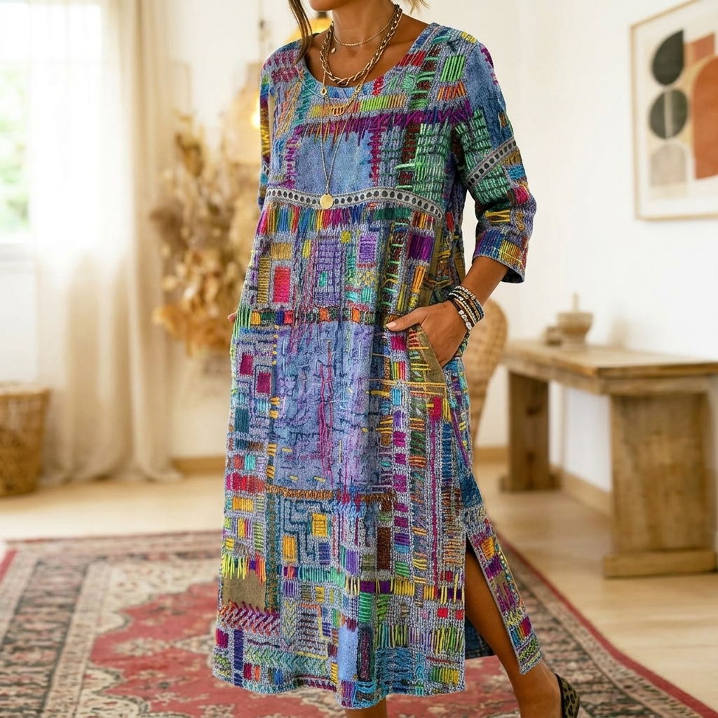 Women's Artisan Print Midi Dress with Pockets