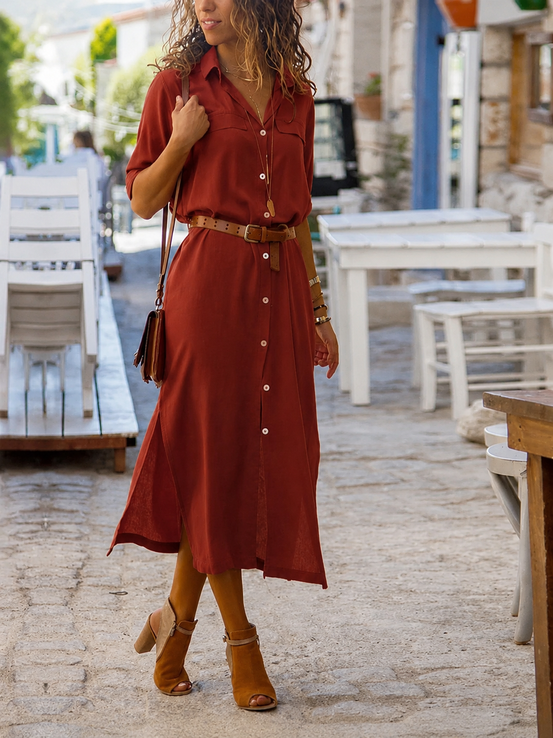 Women's Belted Shirt Midi Dress
