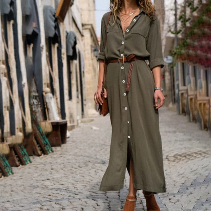 Women's Belted Shirt Midi Dress