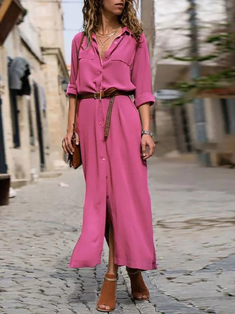 Women's Belted Shirt Midi Dress