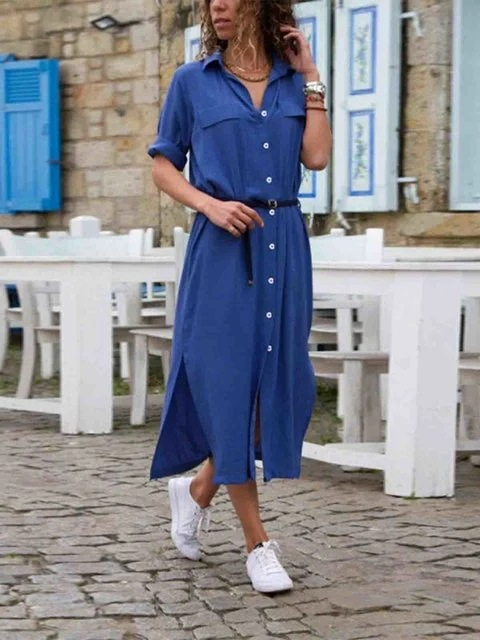 Women's Belted Shirt Midi Dress