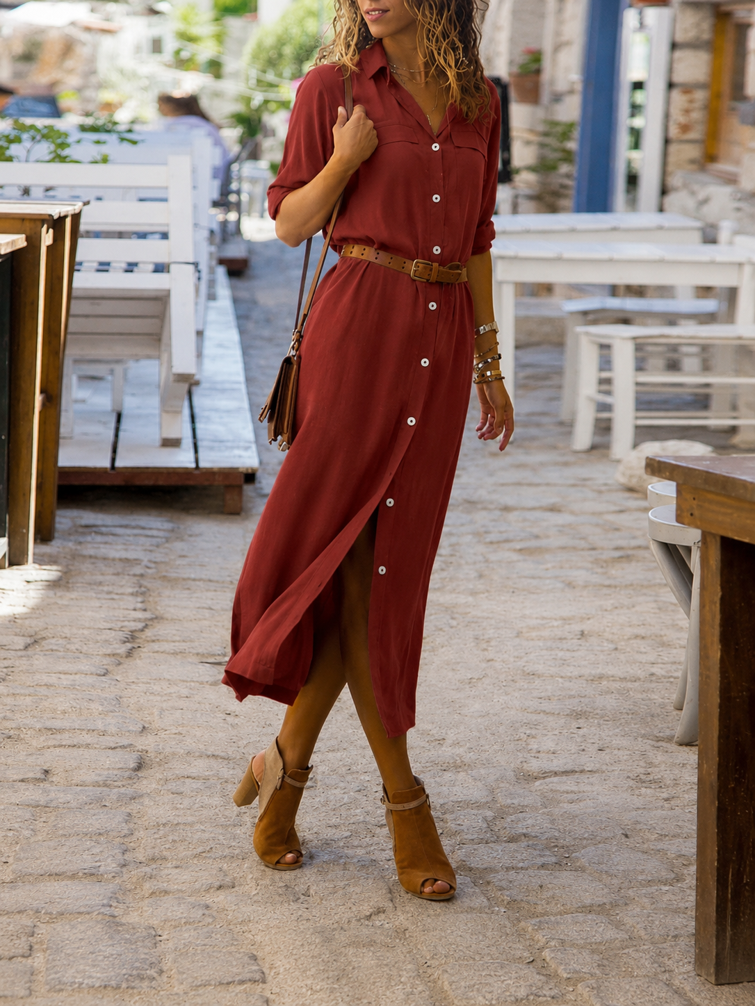 Women's Belted Shirt Midi Dress