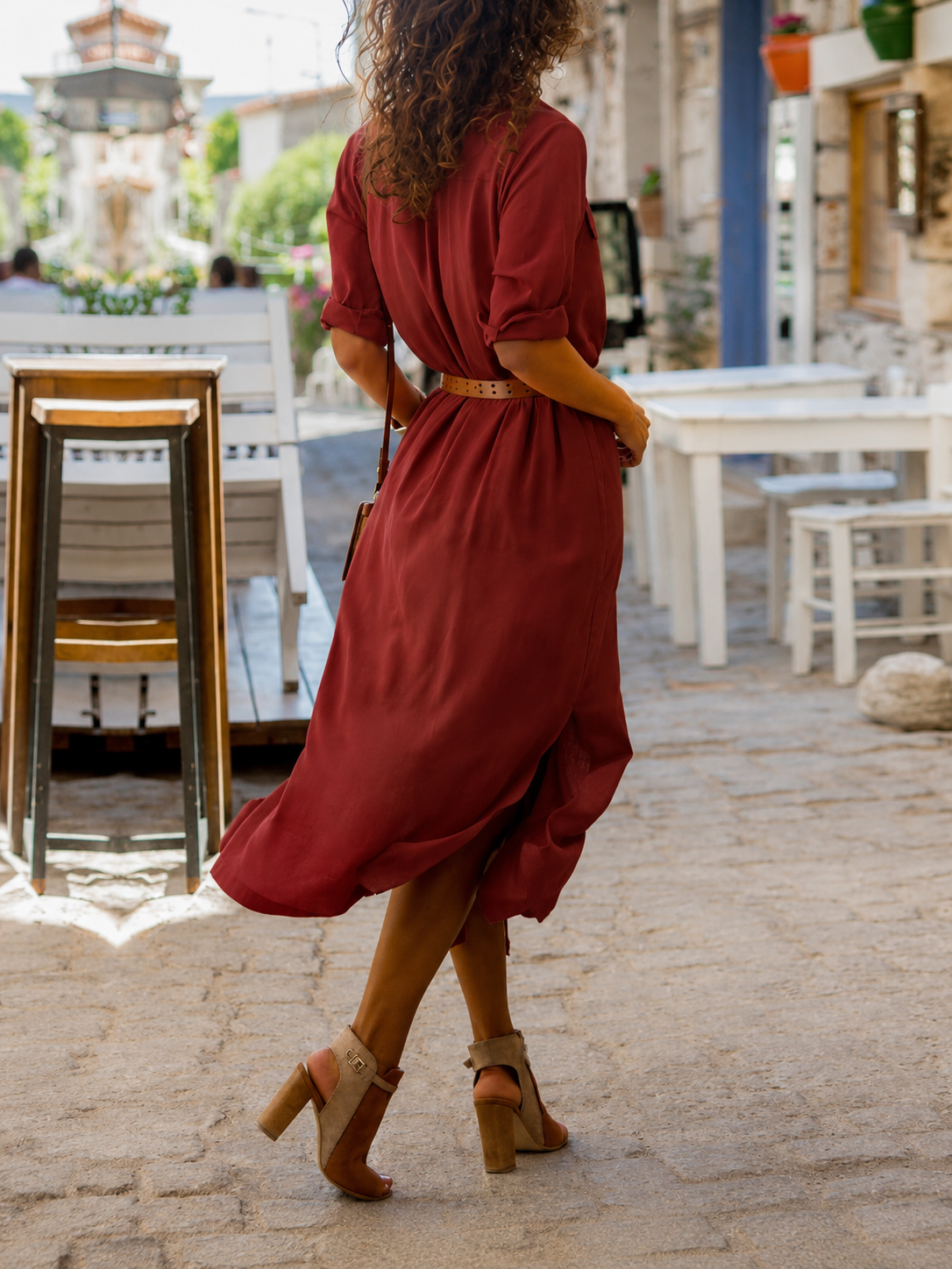 Women's Belted Shirt Midi Dress