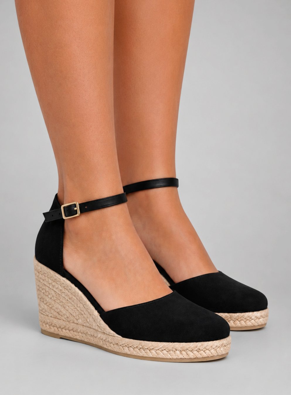 Women's Black Closed-Toe Espadrille Wedge Sandals with Ankle Strap
