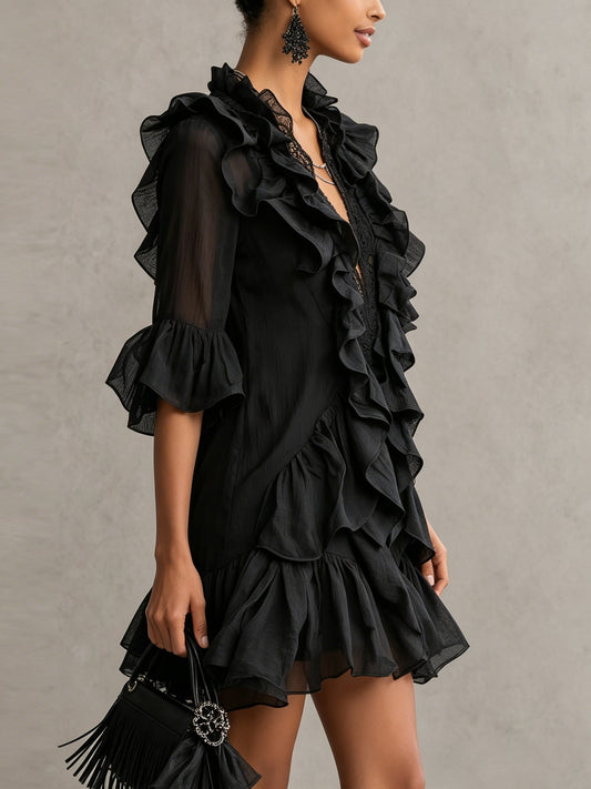 Women's Black Ruffle Mini Dress with Sheer Sleeves