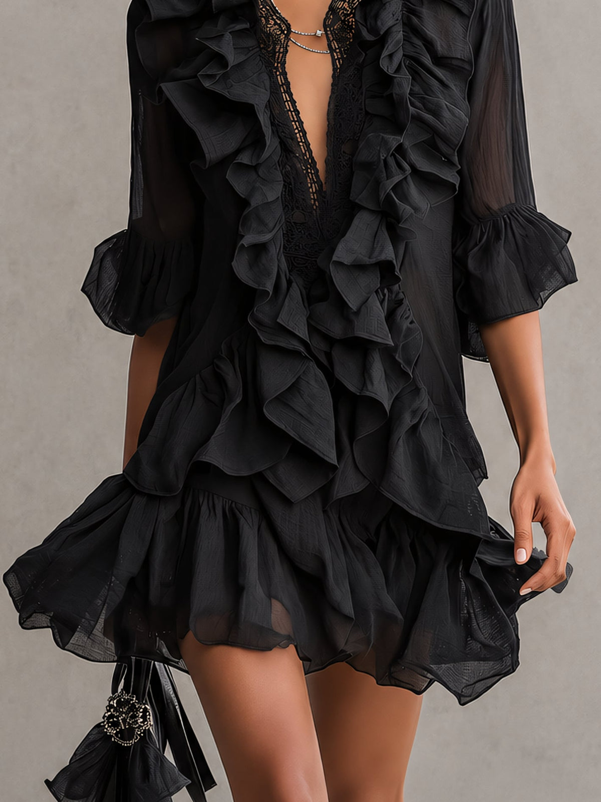 Women's Black Ruffle Mini Dress with Sheer Sleeves