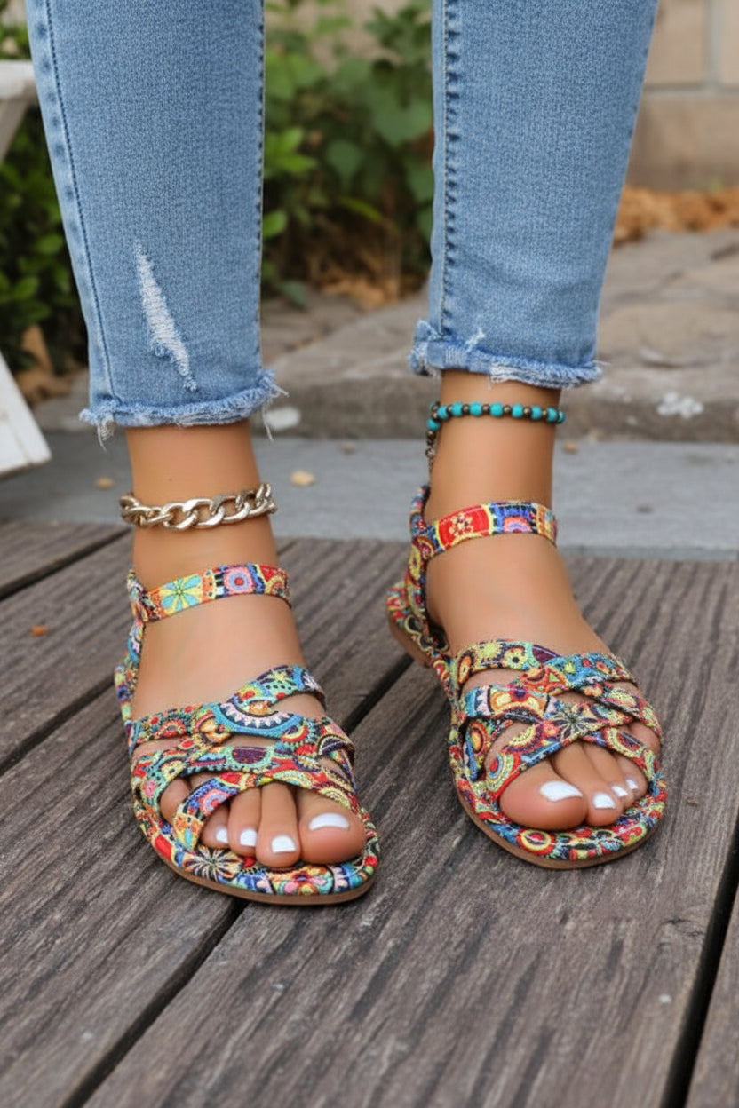 Women's Bohemian Print T-Strap Flat Sandals