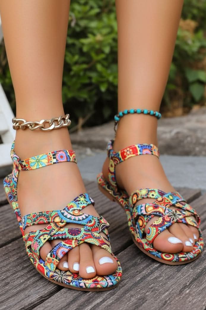 Women's Bohemian Print T-Strap Flat Sandals