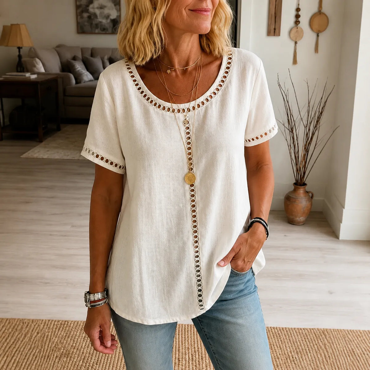 Women's Boho Openwork Trim Tunic Top, Relaxed Fit Short Sleeve Summer Blouse