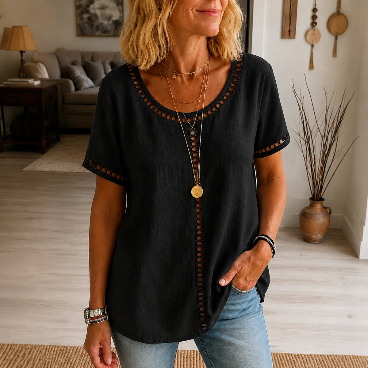 Women's Boho Openwork Trim Tunic Top, Relaxed Fit Short Sleeve Summer Blouse