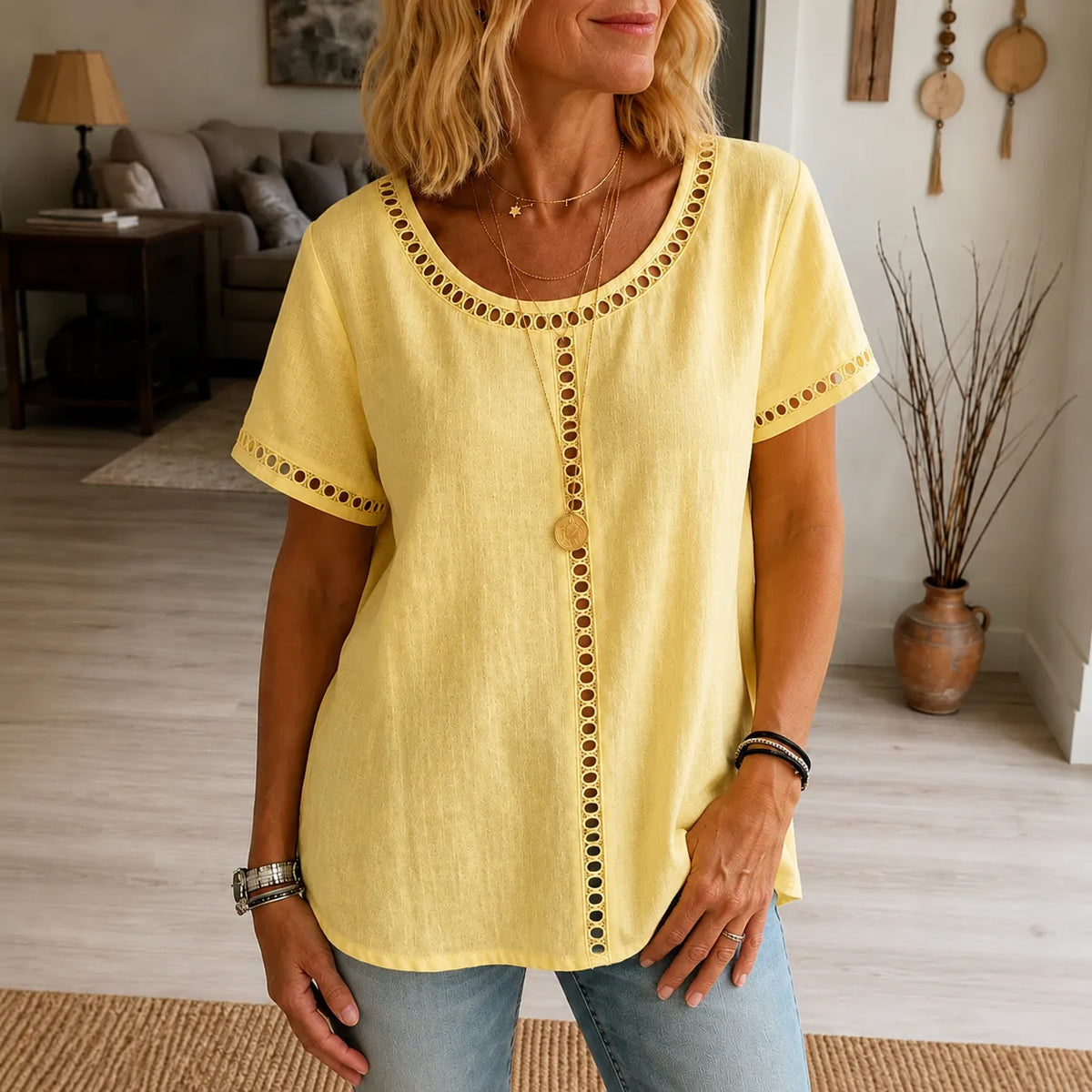 Women's Boho Openwork Trim Tunic Top, Relaxed Fit Short Sleeve Summer Blouse