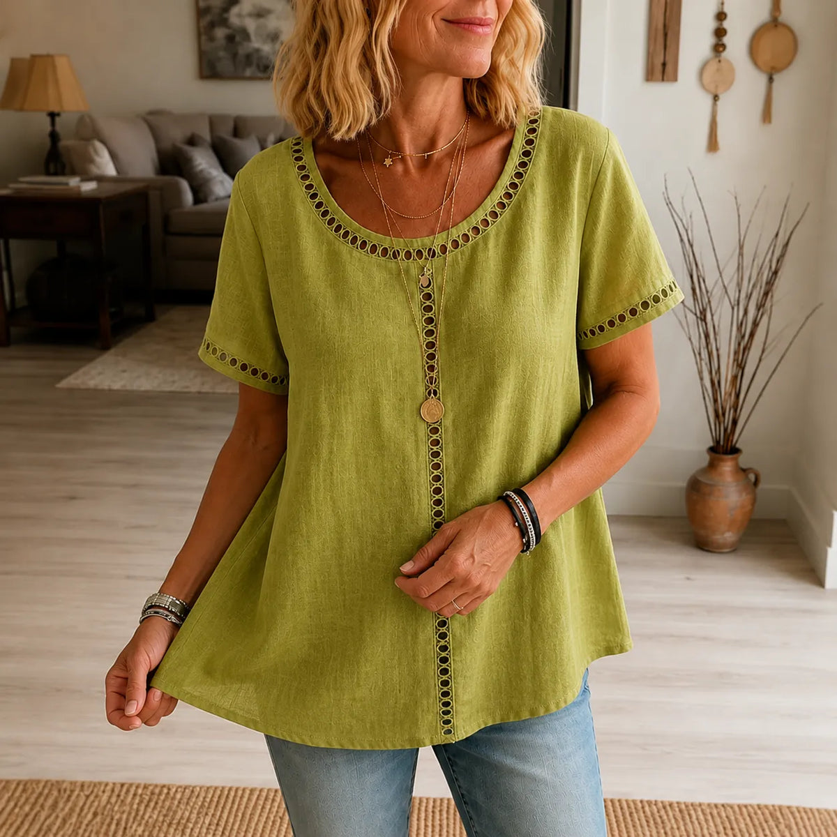 Women's Boho Openwork Trim Tunic Top, Relaxed Fit Short Sleeve Summer Blouse
