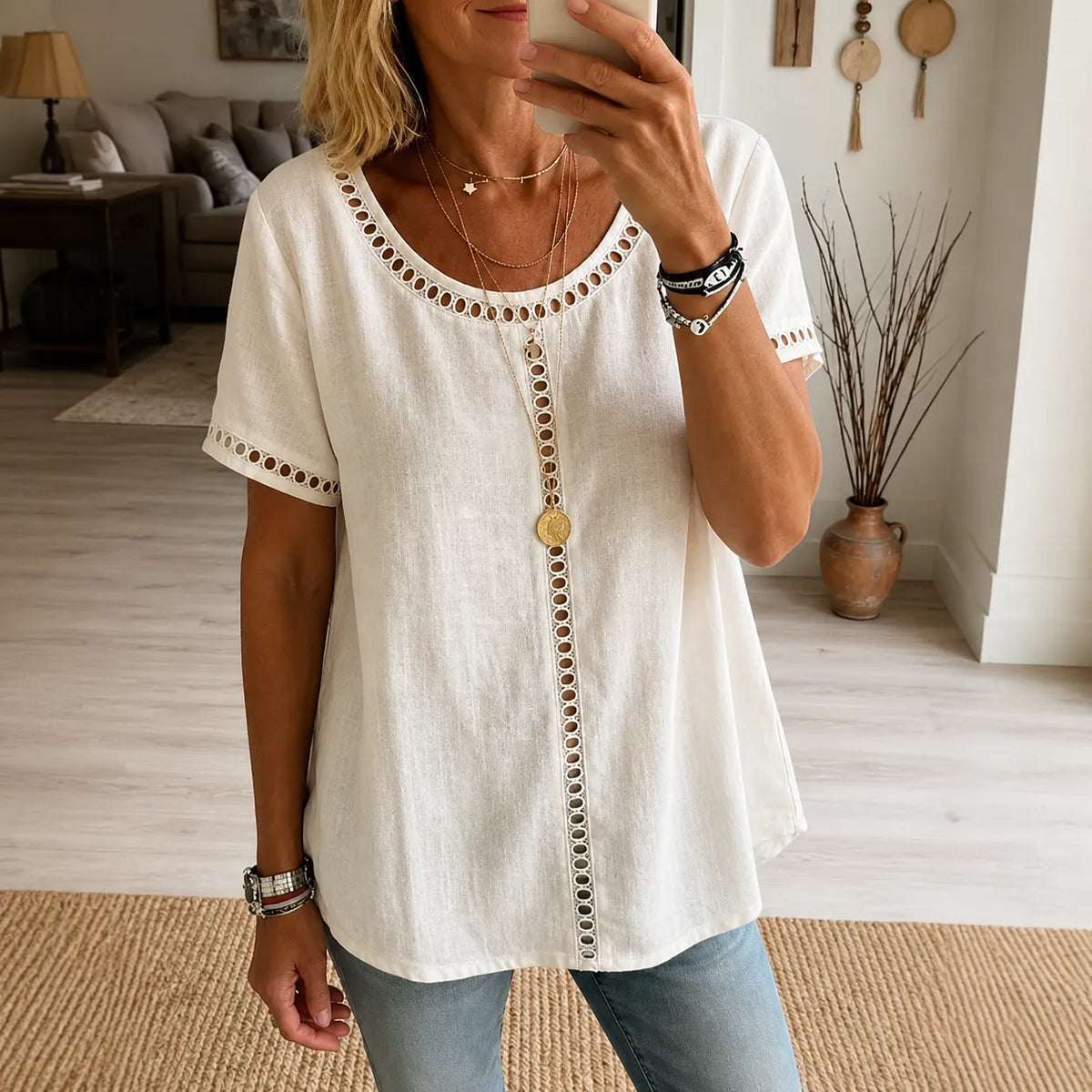 Women's Boho Openwork Trim Tunic Top, Relaxed Fit Short Sleeve Summer Blouse