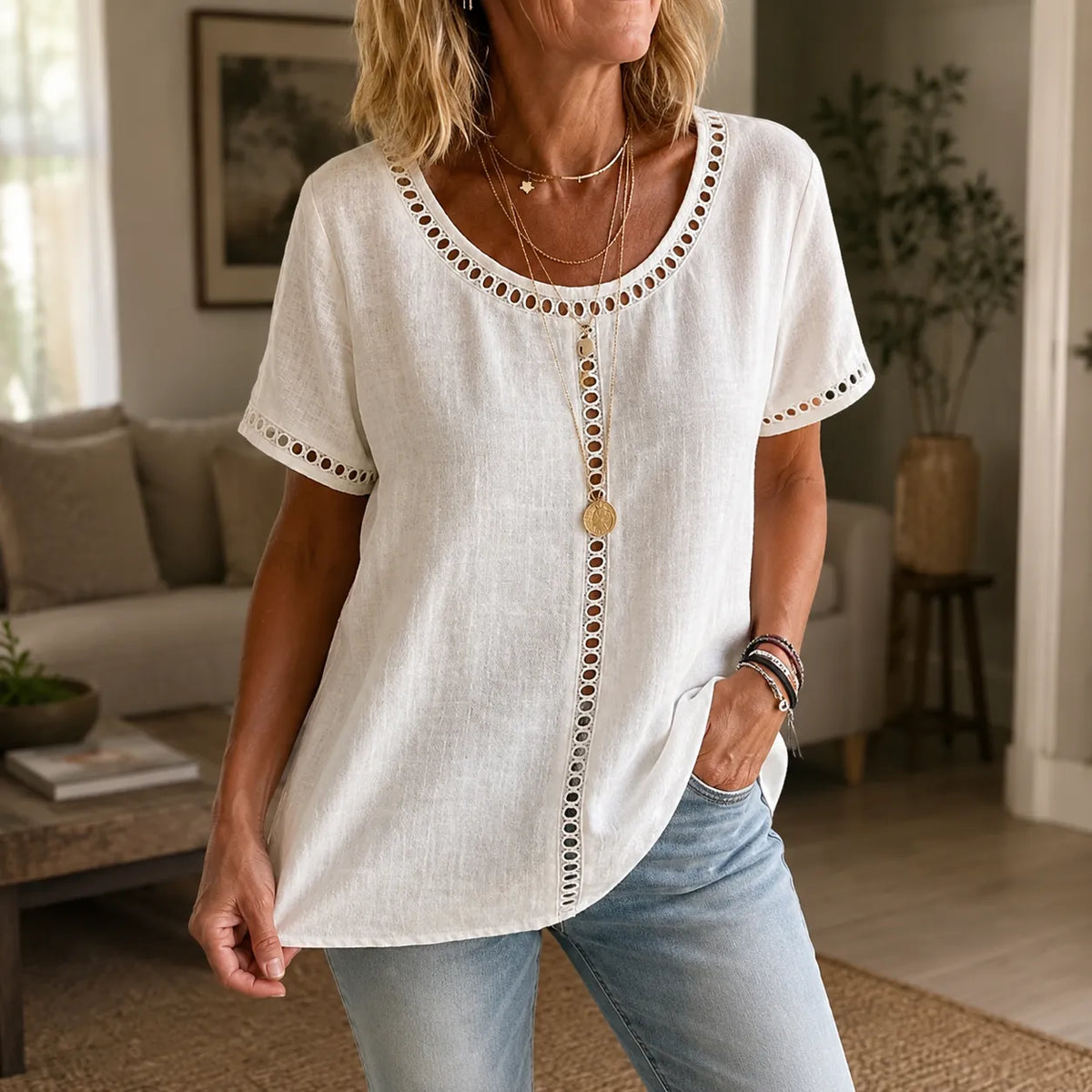 Women's Boho Openwork Trim Tunic Top, Relaxed Fit Short Sleeve Summer Blouse