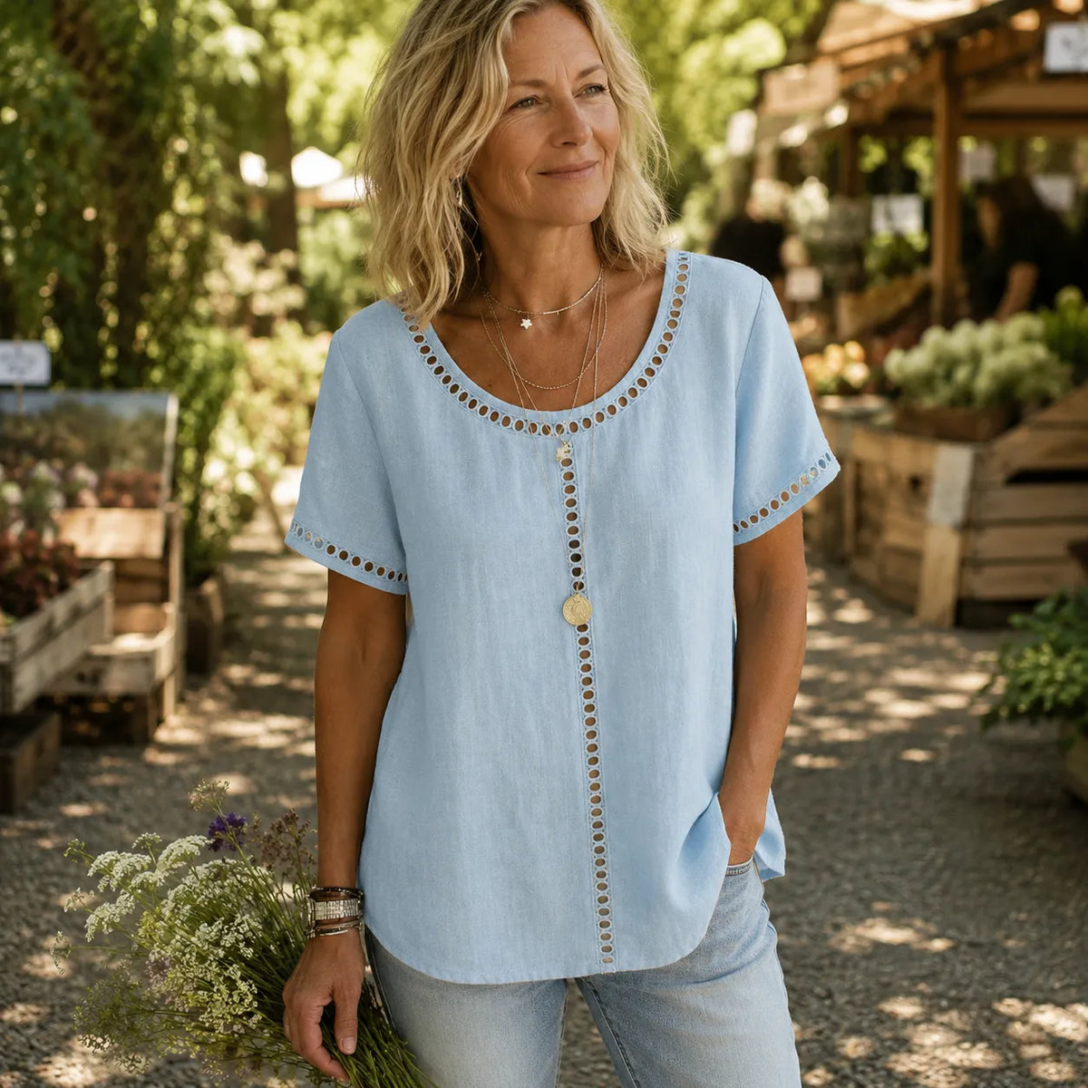 Women's Boho Openwork Trim Tunic Top, Relaxed Fit Short Sleeve Summer Blouse