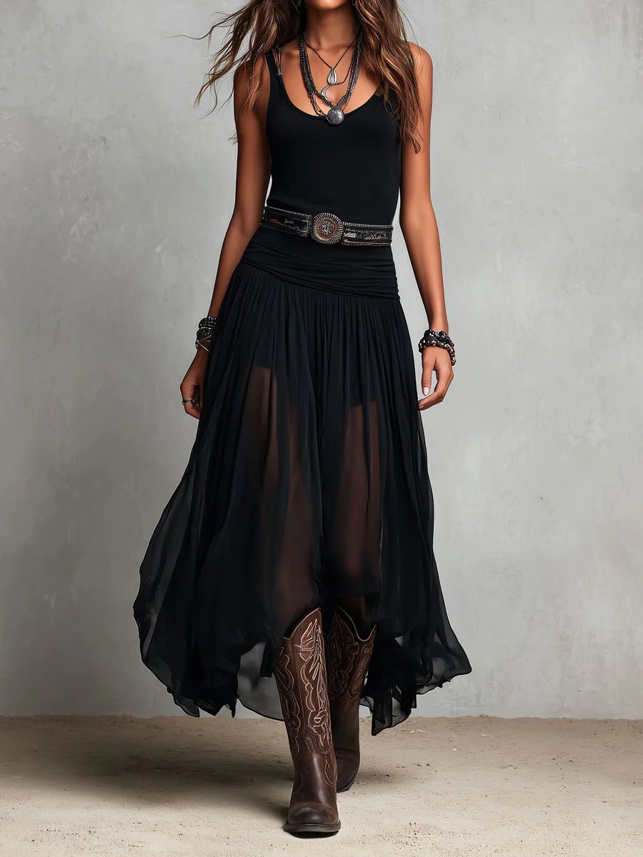 Women's Boho V-Neck Sleeveless Sheer Tulle Maxi Dress