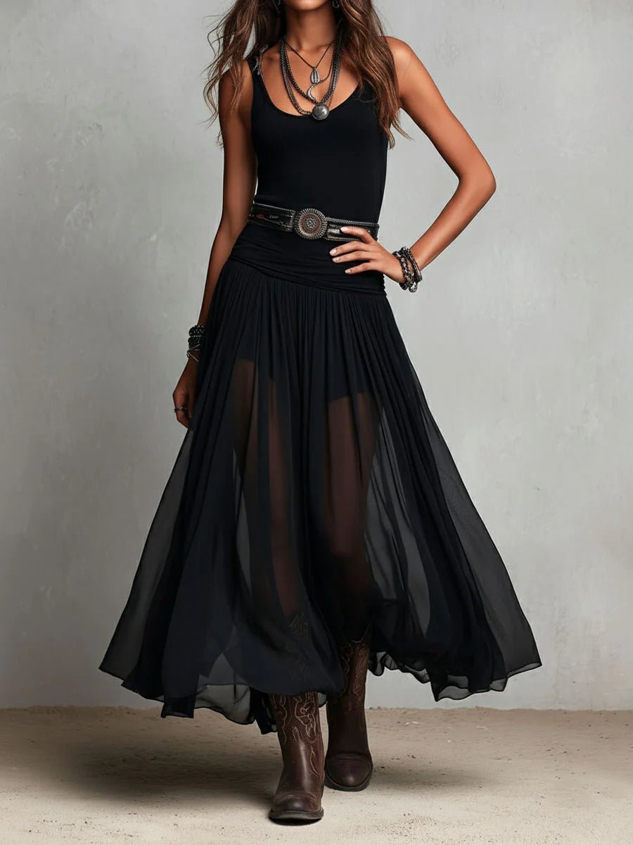 Women's Boho V-Neck Sleeveless Sheer Tulle Maxi Dress