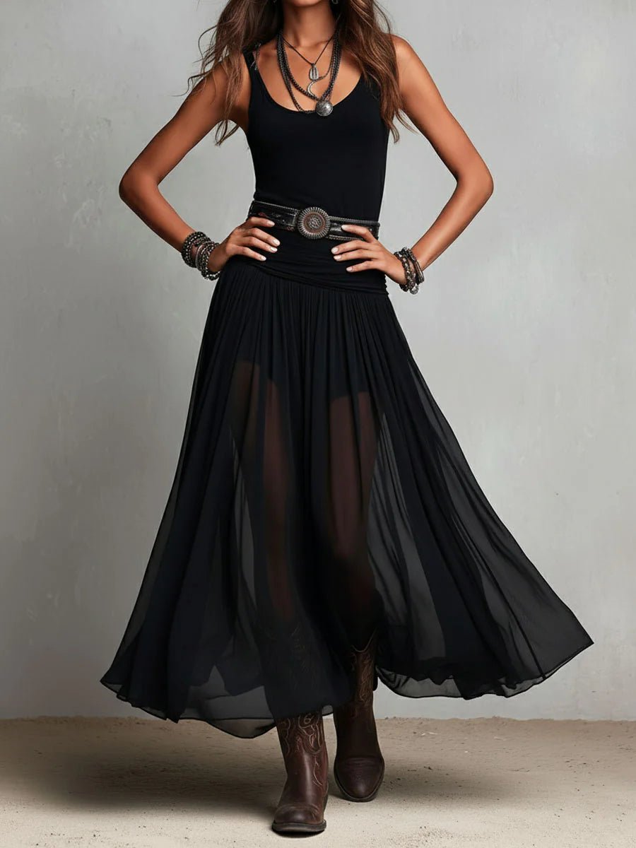 Women's Boho V-Neck Sleeveless Sheer Tulle Maxi Dress