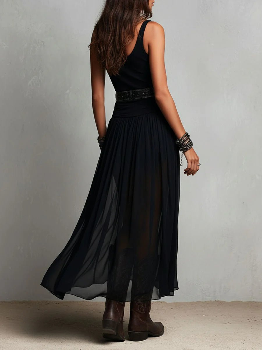 Women's Boho V-Neck Sleeveless Sheer Tulle Maxi Dress