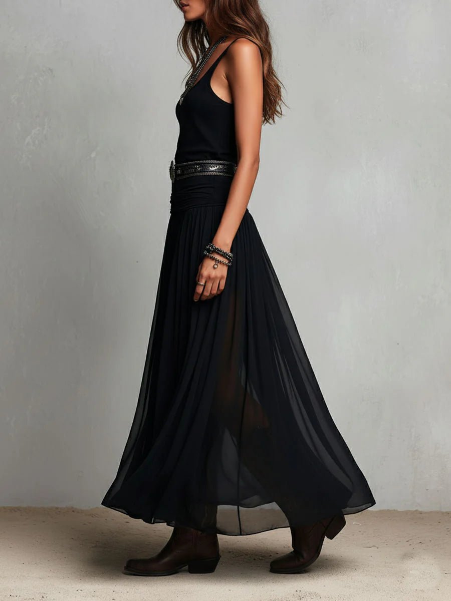 Women's Boho V-Neck Sleeveless Sheer Tulle Maxi Dress