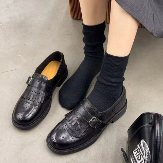 Women's Brogue Loafers with Fringed Trim and Adjustable Buckle