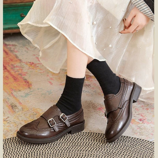 Women's Brogue Loafers with Fringed Trim and Adjustable Buckle