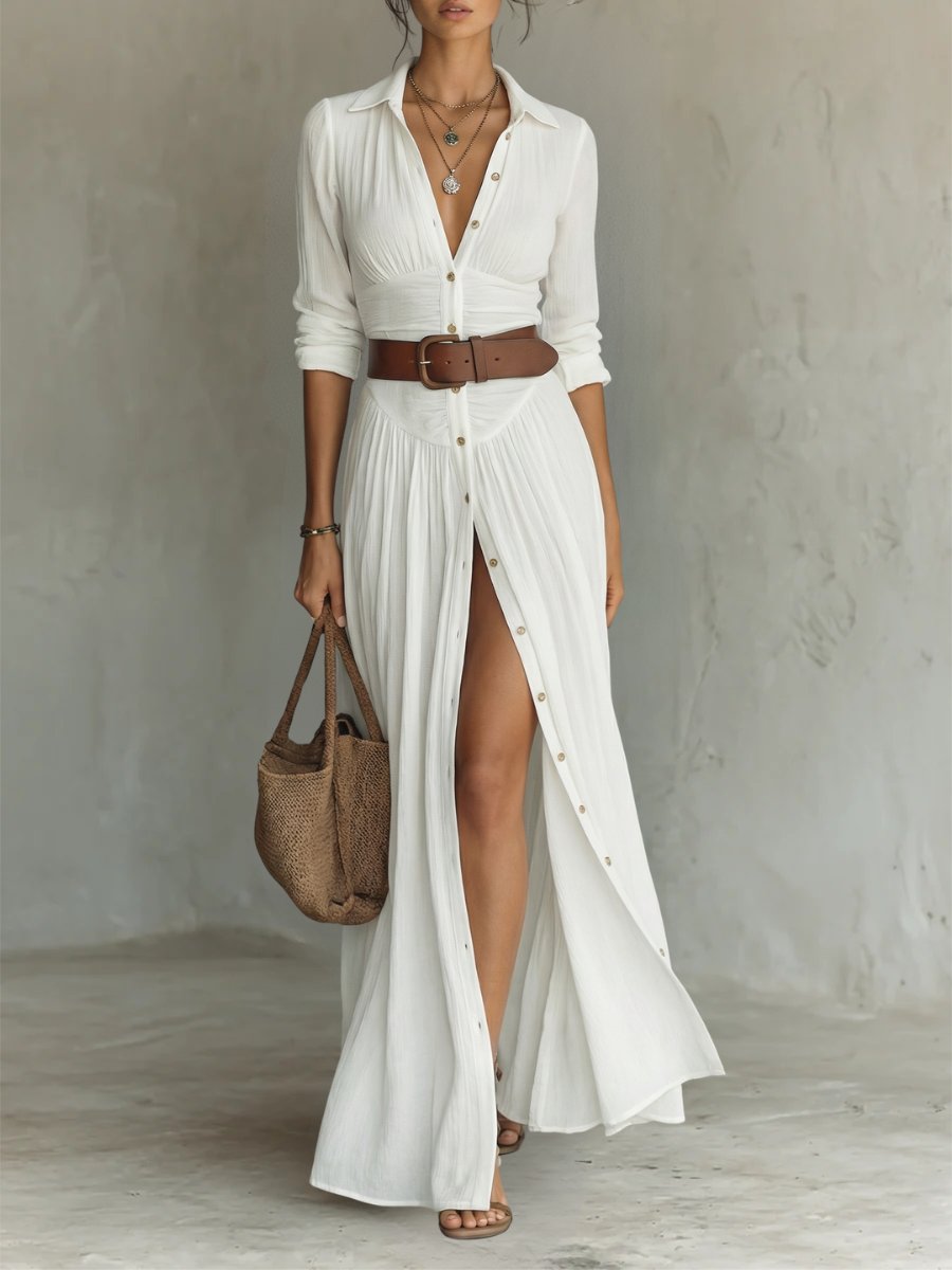 Women's Button-Through Belted Maxi Shirt Dress