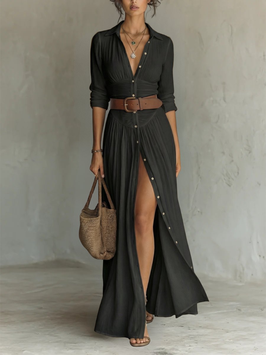 Women's Button-Through Belted Maxi Shirt Dress