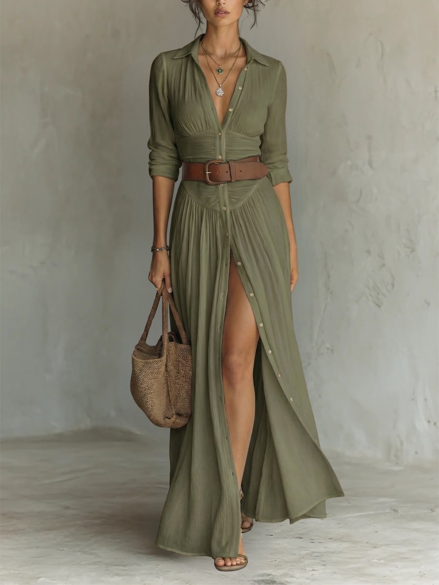 Women's Button-Through Belted Maxi Shirt Dress