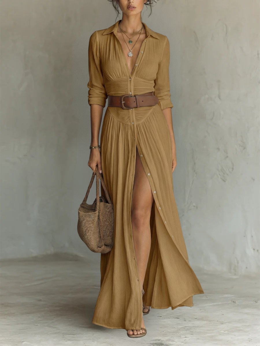 Women's Button-Through Belted Maxi Shirt Dress