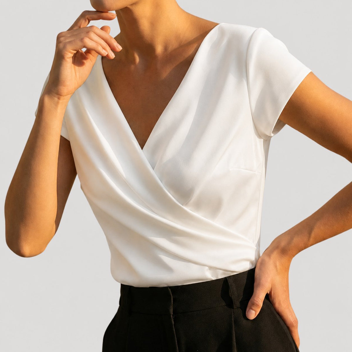 Women's Cap Sleeve Draped Wrap V-Neck Blouse