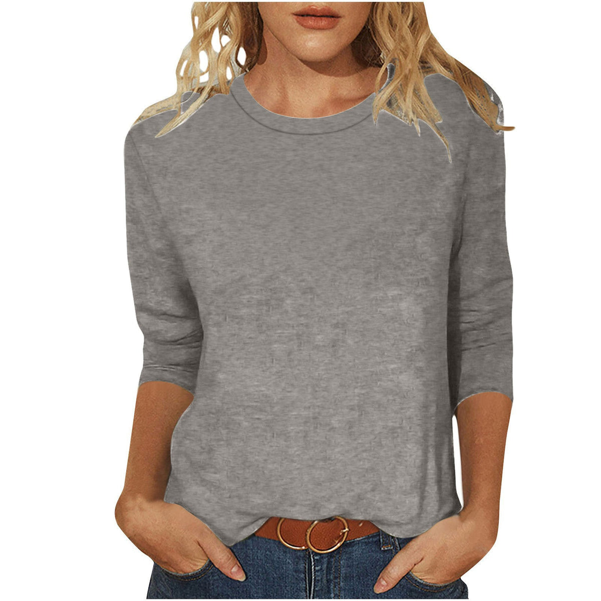 Women's Casual Loose Fit 3/4 Sleeve Round Neck Top with Side Slits