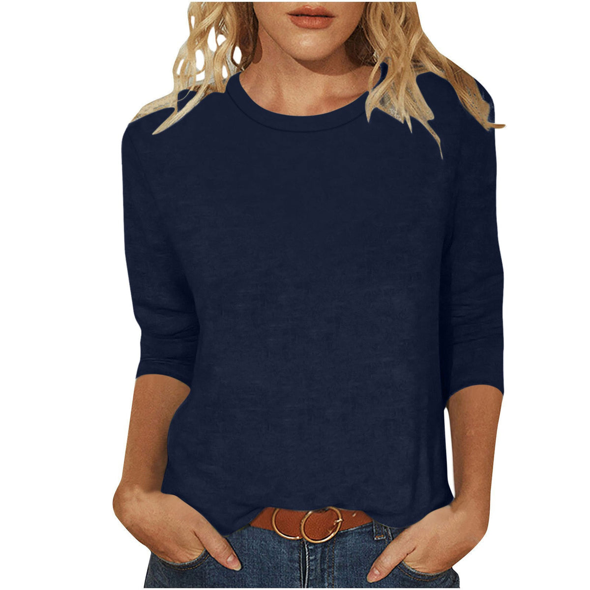 Women's Casual Loose Fit 3/4 Sleeve Round Neck Top with Side Slits