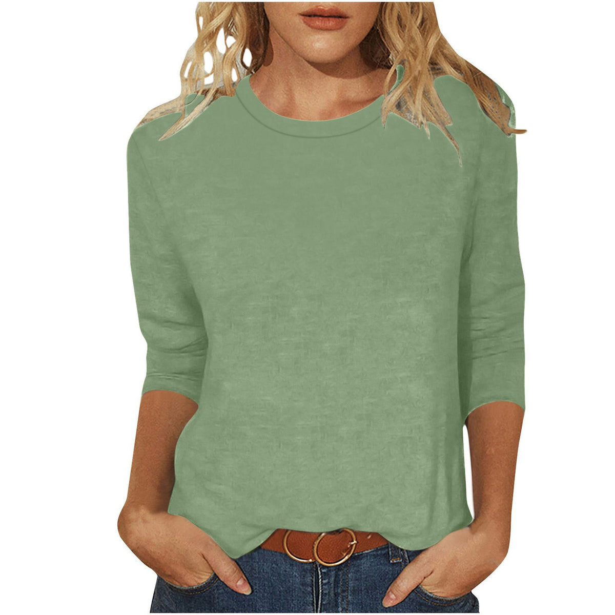 Women's Casual Loose Fit 3/4 Sleeve Round Neck Top with Side Slits